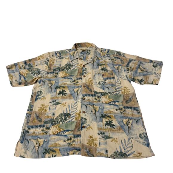 Cafe Havana Mens Size Large 100% Silk Hawaiian Shirt Swordfish Palm Trees Island - Picture 1 of 10